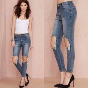 UNIF Peach Pit Skinny Jeans Busted Knees Size 25 Denim Distressed Blue High Rise